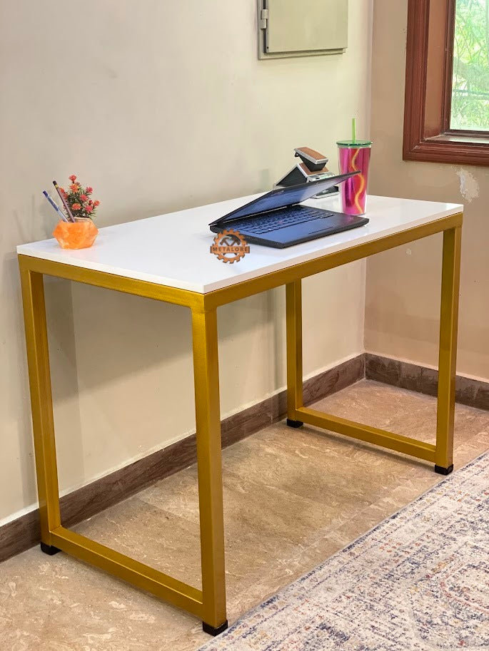 Metalore Office Computer Table 4 Feet | White Top Gold Frame | Study Desk | Metal Legs Workstation Pakistan