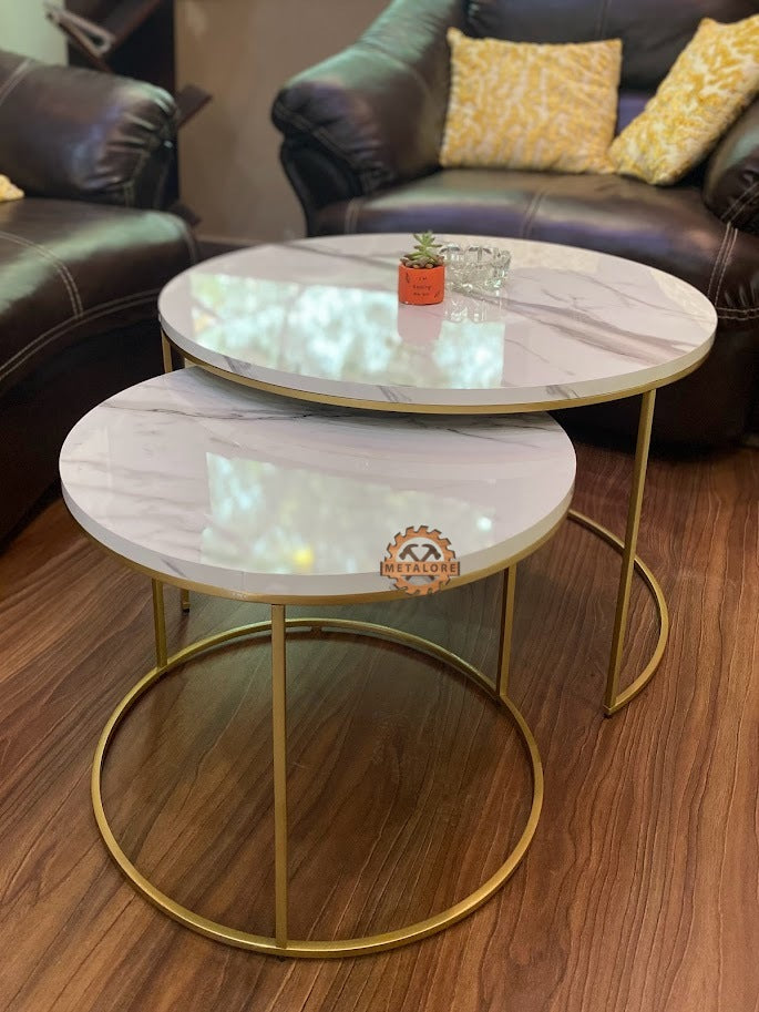 Metalore White Marble Coffee Table Set | Nesting Round Center Table | 2 Piece Living Room Table Pakistan"