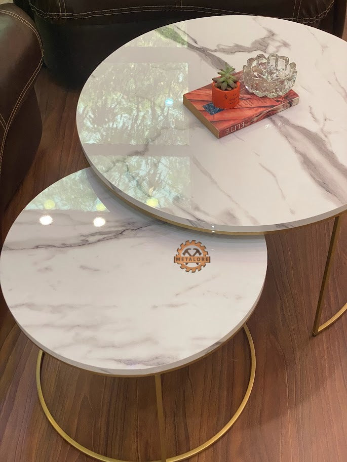 Metalore White Marble Coffee Table Set | Nesting Round Center Table | 2 Piece Living Room Table Pakistan"