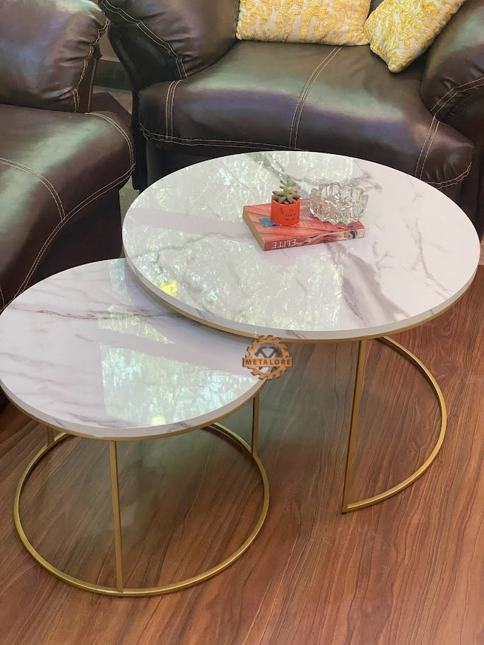 Metalore White Marble Coffee Table Set | Nesting Round Center Table | 2 Piece Living Room Table Pakistan"