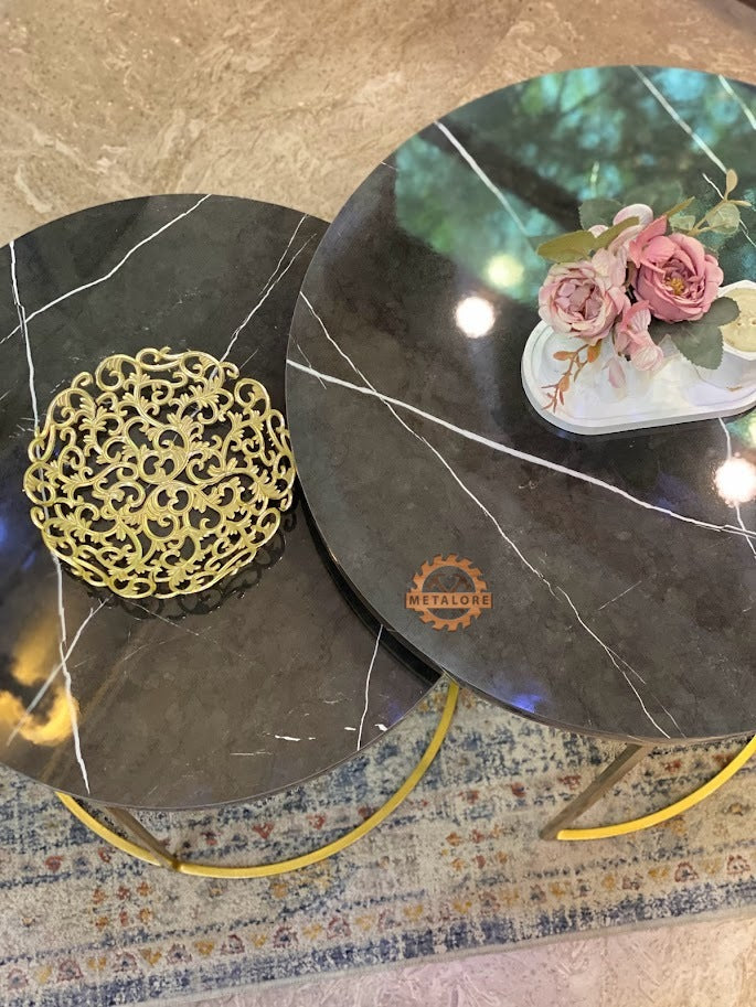 Metalore Black Marble ACRYLIC MDF Nesting Tables Set of 2 | Round Gold Frame Side Tables | 20 & 18 Inch Coffee Tables Pakistan"