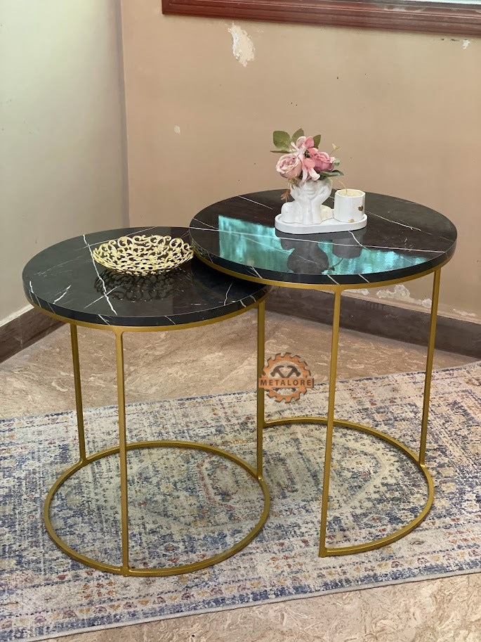 Metalore Black Marble ACRYLIC MDF Nesting Tables Set of 2 | Round Gold Frame Side Tables | 20 & 18 Inch Coffee Tables Pakistan"