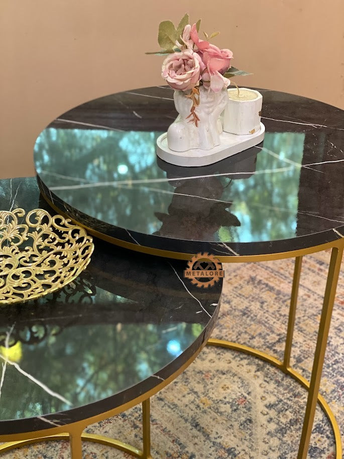 Metalore Black Marble ACRYLIC MDF Nesting Tables Set of 2 | Round Gold Frame Side Tables | 20 & 18 Inch Coffee Tables Pakistan"