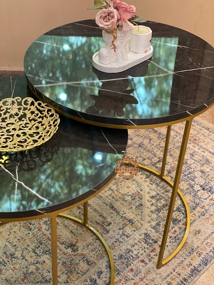 Metalore Black Marble ACRYLIC MDF Nesting Tables Set of 2 | Round Gold Frame Side Tables | 20 & 18 Inch Coffee Tables Pakistan"