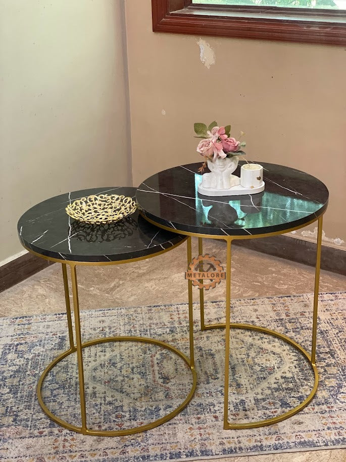 Metalore Black Marble ACRYLIC MDF Nesting Tables Set of 2 | Round Gold Frame Side Tables | 20 & 18 Inch Coffee Tables Pakistan"