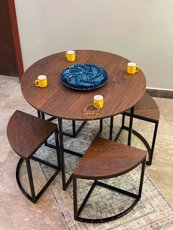Metalore Kitchen Round Dining Table Set with 4 Stools | Wood Top Black Metal Frame | Space Saving Dining Furniture Pakistan