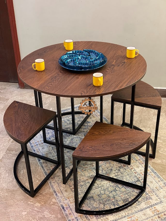 Metalore Kitchen Round Dining Table Set with 4 Stools | Wood Top Black Metal Frame | Space Saving Dining Furniture Pakistan
