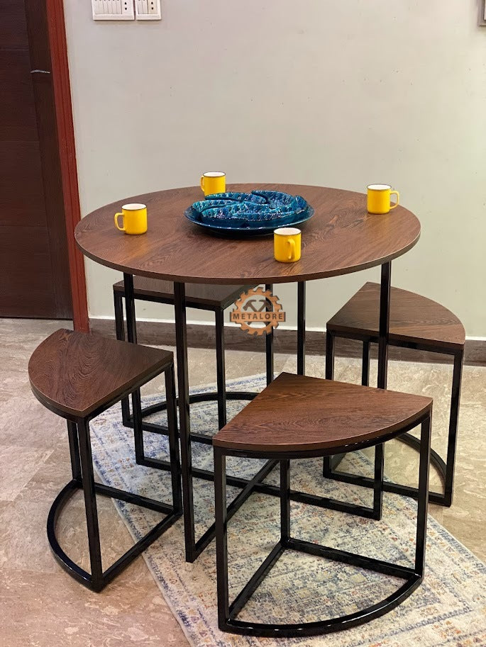 Metalore Kitchen Round Dining Table Set with 4 Stools | Wood Top Black Metal Frame | Space Saving Dining Furniture Pakistan