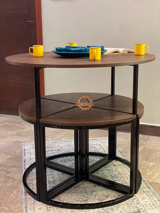 Metalore Kitchen Round Dining Table Set with 4 Stools | Wood Top Black Metal Frame | Space Saving Dining Furniture Pakistan