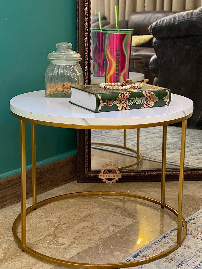 Metalore Round White Coffee Table | 24 Inch Diameter | Gold Frame | Modern Center Table | Acrylic MDF Side Table Pakistan