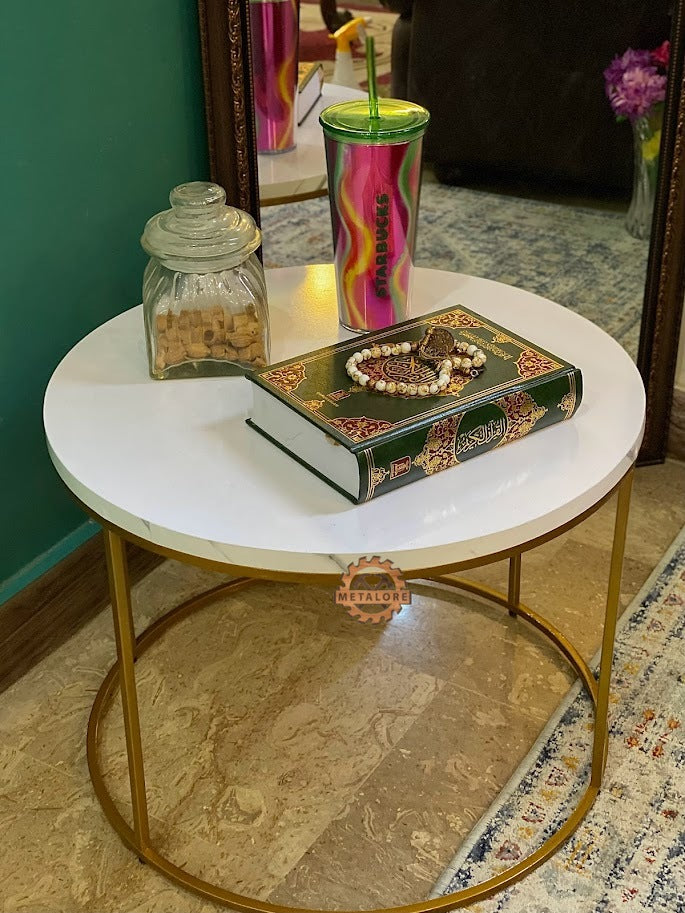 Metalore Round White Coffee Table | 24 Inch Diameter | Gold Frame | Modern Center Table | Acrylic MDF Side Table Pakistan