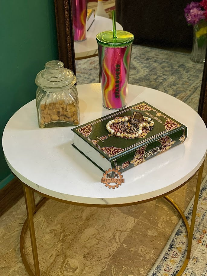 Metalore Round White Coffee Table | 24 Inch Diameter | Gold Frame | Modern Center Table | Acrylic MDF Side Table Pakistan