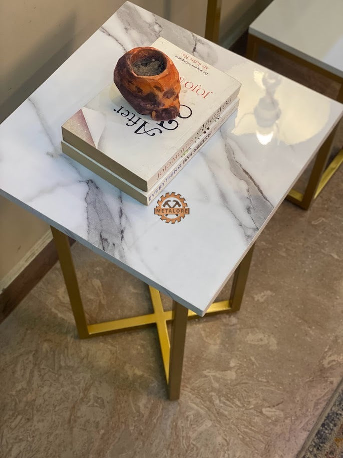 Metalore White Marble Side Table | 15x15 Square End Table | Gold Metal Frame | Acrylic MDF Bedside Table Pakistan"
