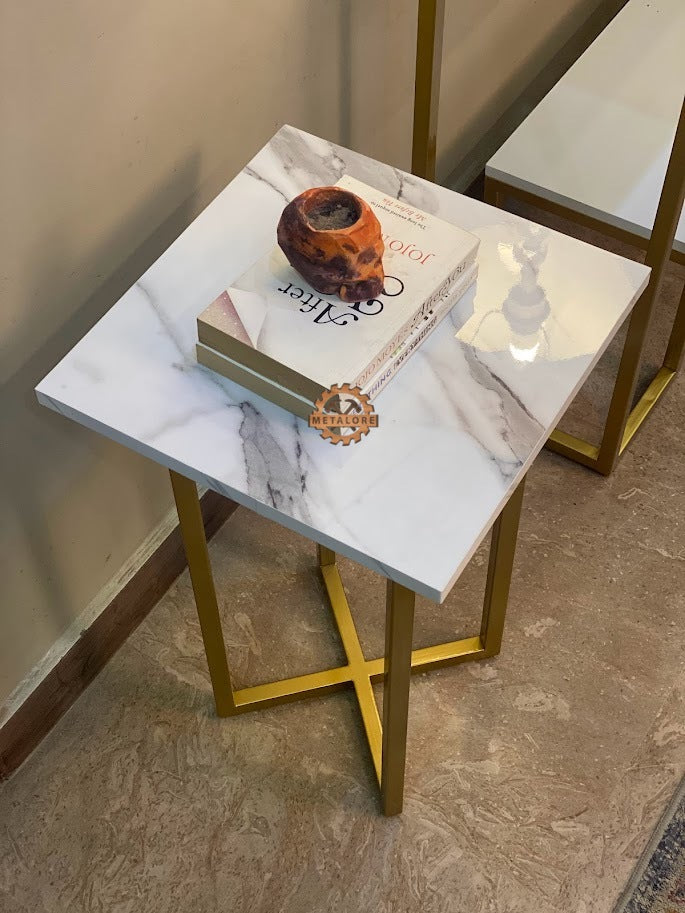 Metalore White Marble Side Table | 15x15 Square End Table | Gold Metal Frame | Acrylic MDF Bedside Table Pakistan"