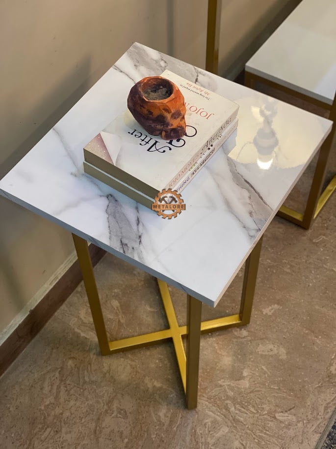 Metalore White Marble Side Table | 15x15 Square End Table | Gold Metal Frame | Acrylic MDF Bedside Table Pakistan"