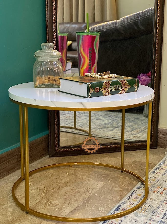 Metalore Round White Coffee Table | 24 Inch Diameter | Gold Frame | Modern Center Table | Acrylic MDF Side Table Pakistan