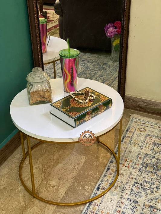 Metalore Round White Coffee Table | 24 Inch Diameter | Gold Frame | Modern Center Table | Acrylic MDF Side Table Pakistan