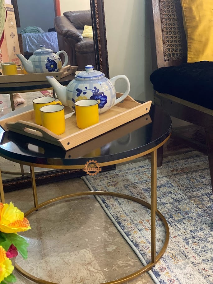 Metalore Round Black Coffee Table | 24 Inch Diameter | Gold Frame | Modern Center Table | Acrylic MDF Side Table Pakistan