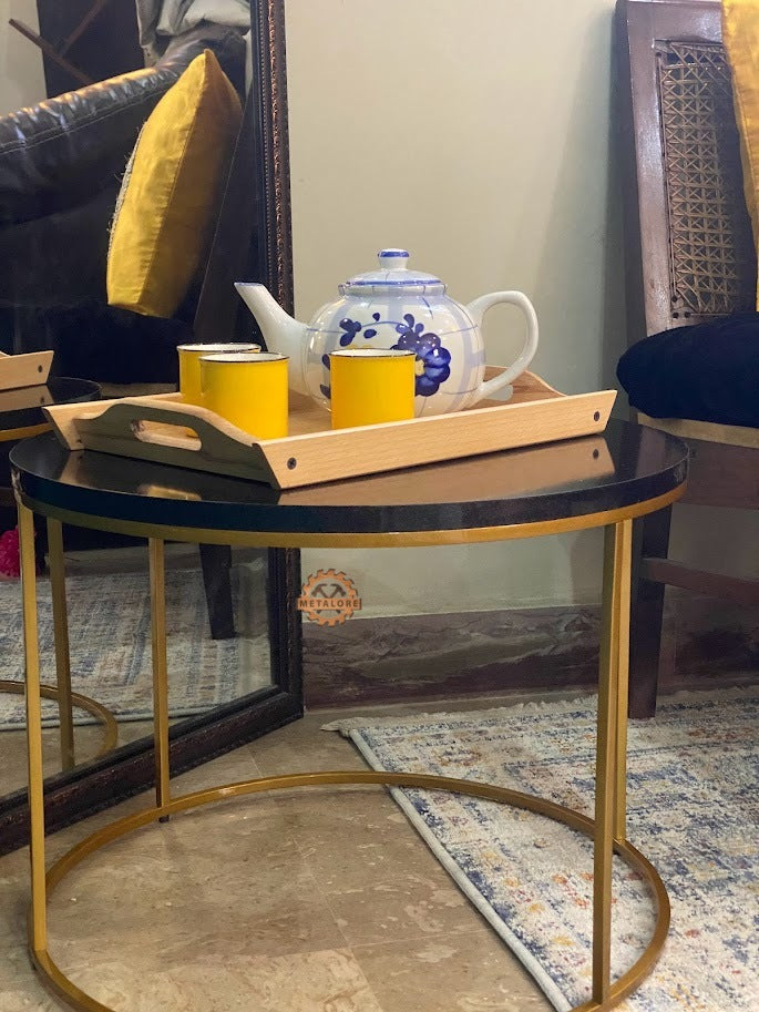Metalore Round Black Coffee Table | 24 Inch Diameter | Gold Frame | Modern Center Table | Acrylic MDF Side Table Pakistan