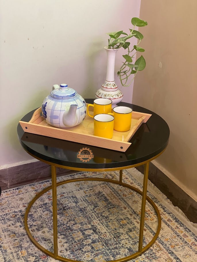 Metalore Round Black Coffee Table | 24 Inch Diameter | Gold Frame | Modern Center Table | Acrylic MDF Side Table Pakistan