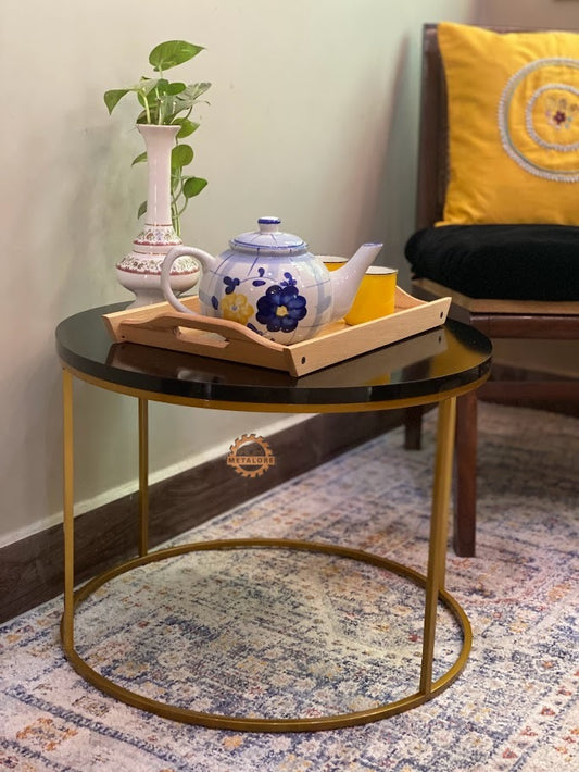 Metalore Round Black Coffee Table | 24 Inch Diameter | Gold Frame | Modern Center Table | Acrylic MDF Side Table Pakistan