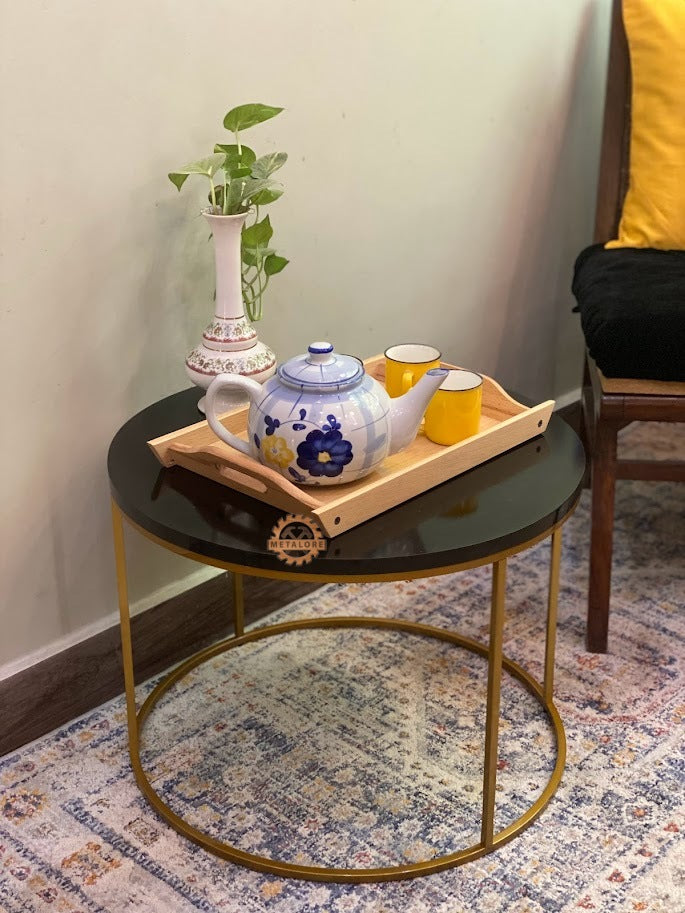 Metalore Round Black Coffee Table | 24 Inch Diameter | Gold Frame | Modern Center Table | Acrylic MDF Side Table Pakistan