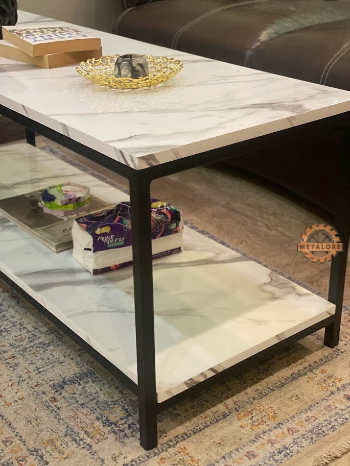 Metalore Premium 2-Tier Coffee Table | Marble Acrylic Top | Storage Shelf | Long Center Table for Drawing Room Pakistan