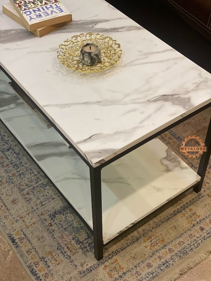 Metalore Premium 2-Tier Coffee Table | Marble Acrylic Top | Storage Shelf | Long Center Table for Drawing Room Pakistan