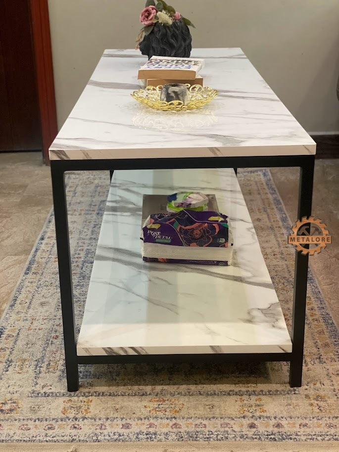 Metalore Premium 2-Tier Coffee Table | Marble Acrylic Top | Storage Shelf | Long Center Table for Drawing Room Pakistan