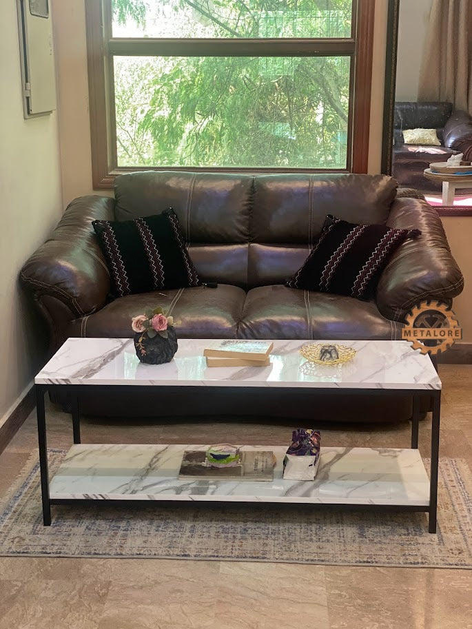 Metalore Premium 2-Tier Coffee Table | Marble Acrylic Top | Storage Shelf | Long Center Table for Drawing Room Pakistan