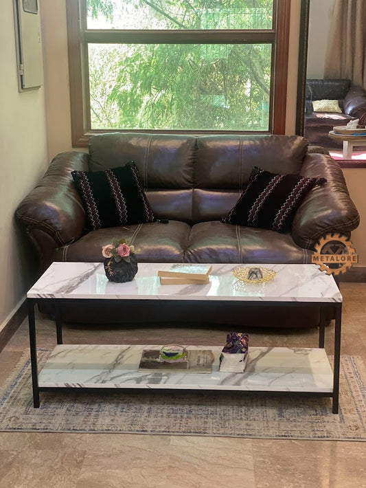 Metalore Premium 2-Tier Coffee Table | Marble Acrylic Top | Storage Shelf | Long Center Table for Drawing Room Pakistan