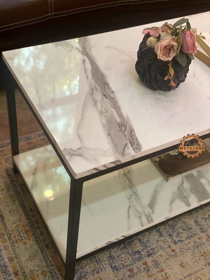 Metalore Premium 2-Tier Coffee Table | Marble Acrylic Top | Storage Shelf | Long Center Table for Drawing Room Pakistan