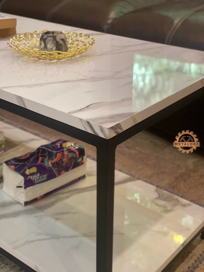 Metalore Premium 2-Tier Coffee Table | Marble Acrylic Top | Storage Shelf | Long Center Table for Drawing Room Pakistan