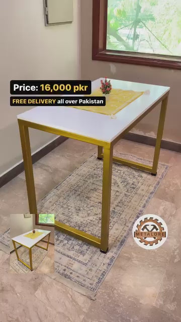 Metalore Office Computer Table 4 Feet | White Top Gold Frame | Study Desk | Metal Legs Workstation Pakistan
