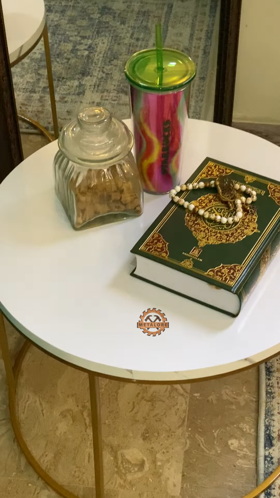 Metalore Round White Coffee Table | 24 Inch Diameter | Gold Frame | Modern Center Table | Acrylic MDF Side Table Pakistan